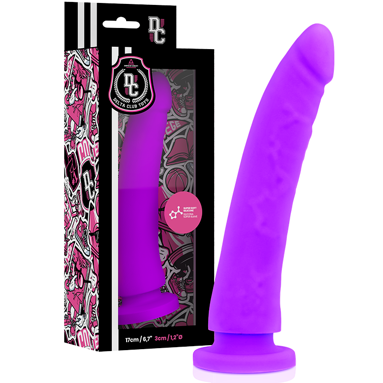 Dildo medico lilla in silicone DELTACLUB, 17 cm di lunghezza e 3 cm di diametro, visibile in primo piano con dettagli realistici