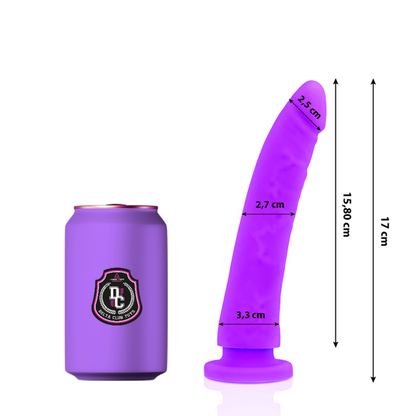 Dildo medico in silicone lilla DELTACLUB, lunga 17 cm e diametro 3 cm, con dettagli realistici e superficie liscia.