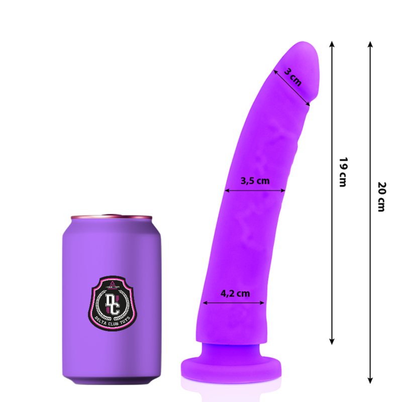 Dildo medico lilla in silicone DELTACLUB, lungo 20 cm e diametro 4 cm, con forma realistica e superficie liscia.