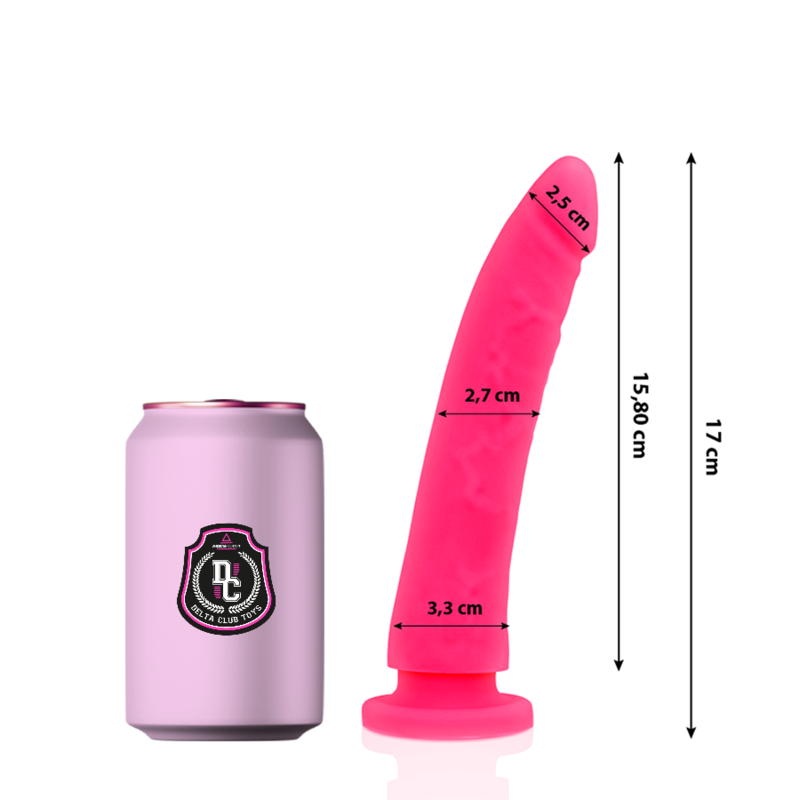 Dildo medico rosa in silicone DELTACLUB, lungo 17 cm e diametro di 3 cm, con superficie liscia e dettagli realistici.