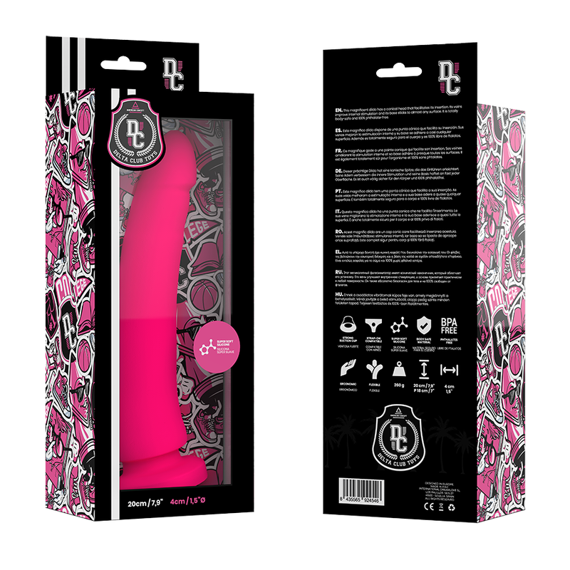 Dildo medico rosa in silicone DELTACLUB, lunghezza 20 cm e diametro 4 cm, con superficie liscia e dettagli realistici