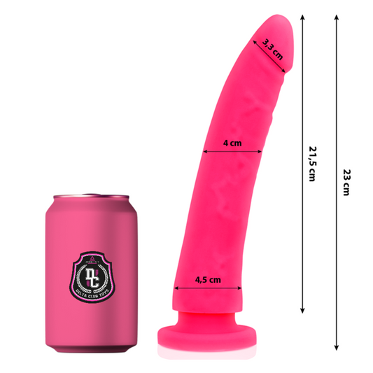 Dildo medico rosa in silicone DELTACLUB, lungo 23 cm e diametro 4,5 cm, con forma realistico e dettagli anatomici.