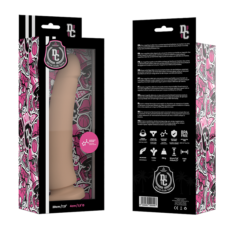 Dildo naturale in silicone medico DELTACLUB, lunghezza 20 cm e diametro 4 cm, visibile con superficie liscia e dettagli realistici