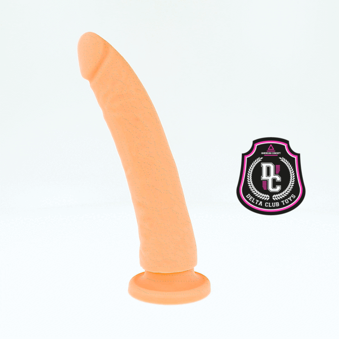 Dildo naturale in silicone medico DELTACLUB, lunghezza 20 cm e diametro 4 cm, con superficie liscia e dettagli realistici.