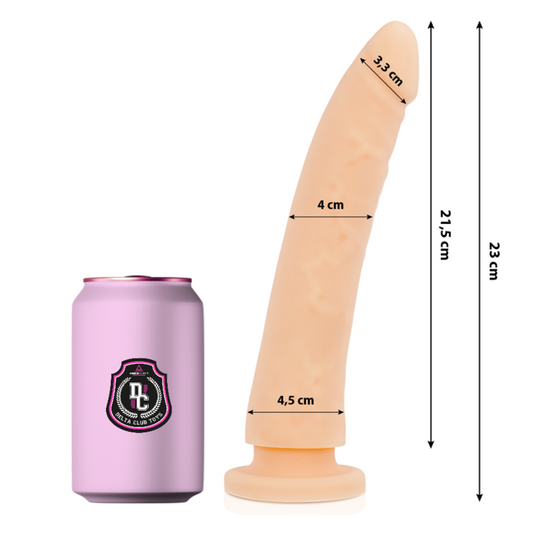 Dildo in silicone medico DELTACLUB, 23 cm, design naturale, con diametro di 4,5 cm, immagine che mostra i dettagli del prodotto.