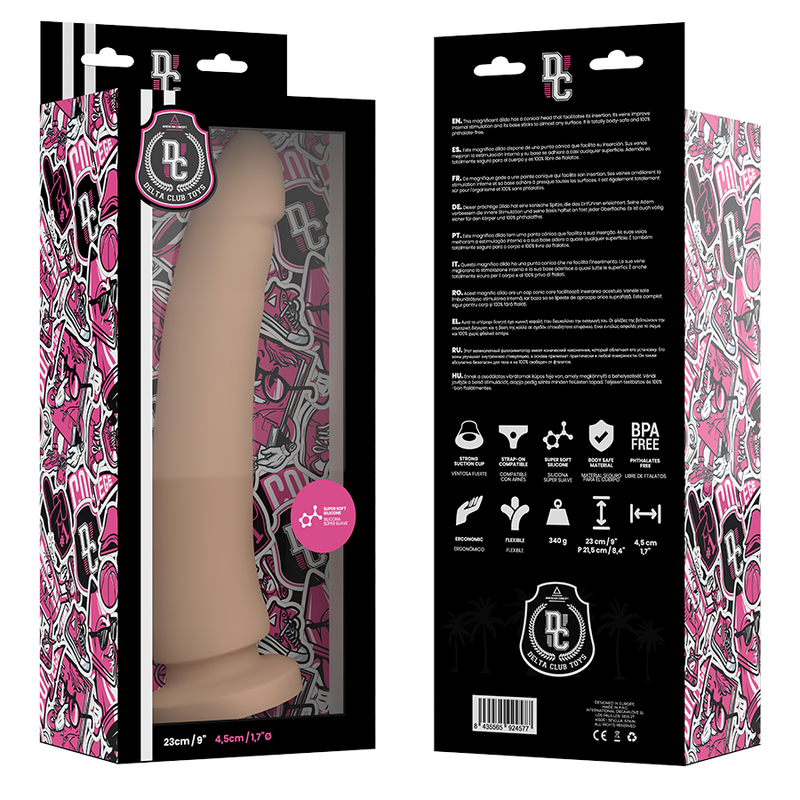 Dildo naturale in silicone medico DELTACLUB, 23 cm di lunghezza e 4,5 cm di diametro, visibile in immagine.