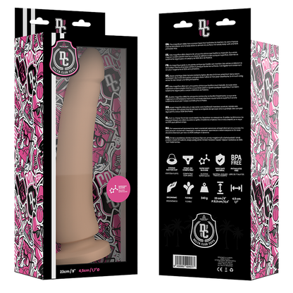 Dildo naturale in silicone medico DELTACLUB, 23 cm di lunghezza e 4,5 cm di diametro, visibile in immagine.