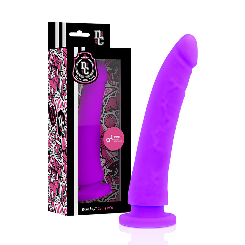 Imbracatura e dildo in silicone viola DELTA CLUB da 17 cm, 3 cm di diametro, per giochi erotici e stimolazione.
