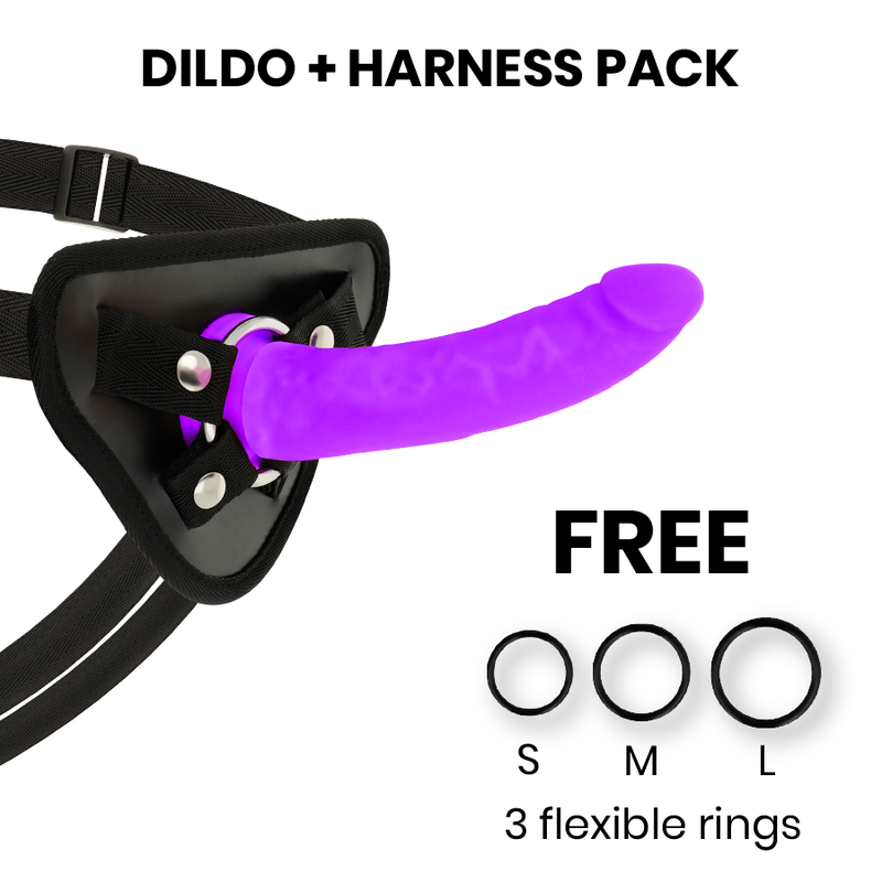 Imbracatura e dildo in silicone viola DELTACLUB, lunghezza 17 cm e diametro 3 cm, decorativo e confortevole.
