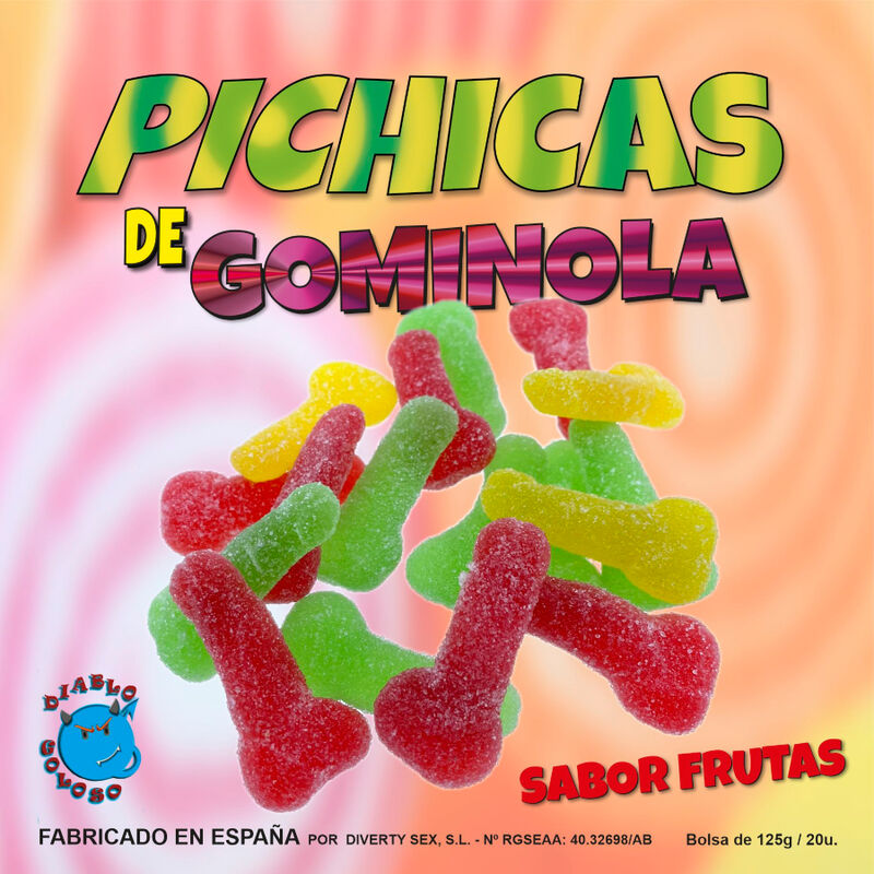 Pichitas Gumminol alla frutta con zucchero di Diablo Goloso, dolci gommosi colorati e allegri con frutta e zucchero sopra