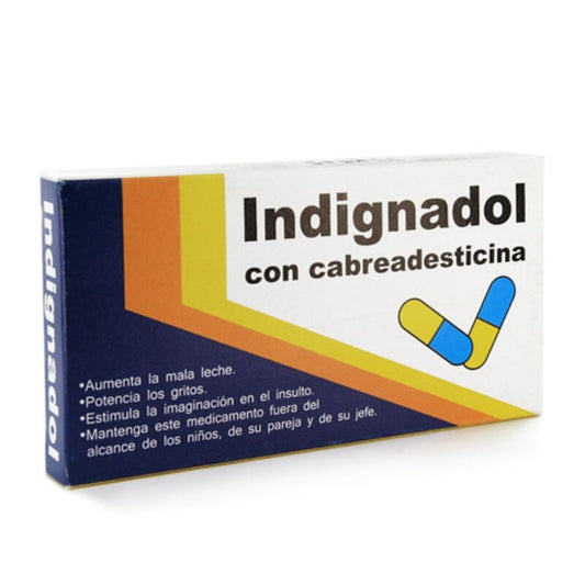 Scatola di medicamenti Indignadol di Diablo Goloso, confezione con blister di compresse medicinali.