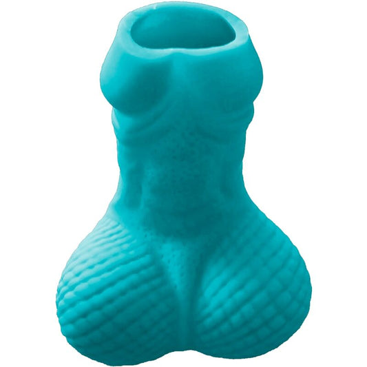 Bicchiere da shot Diablo Picante con disegno di pene blu, vetro trasparente, design divertente e originale.