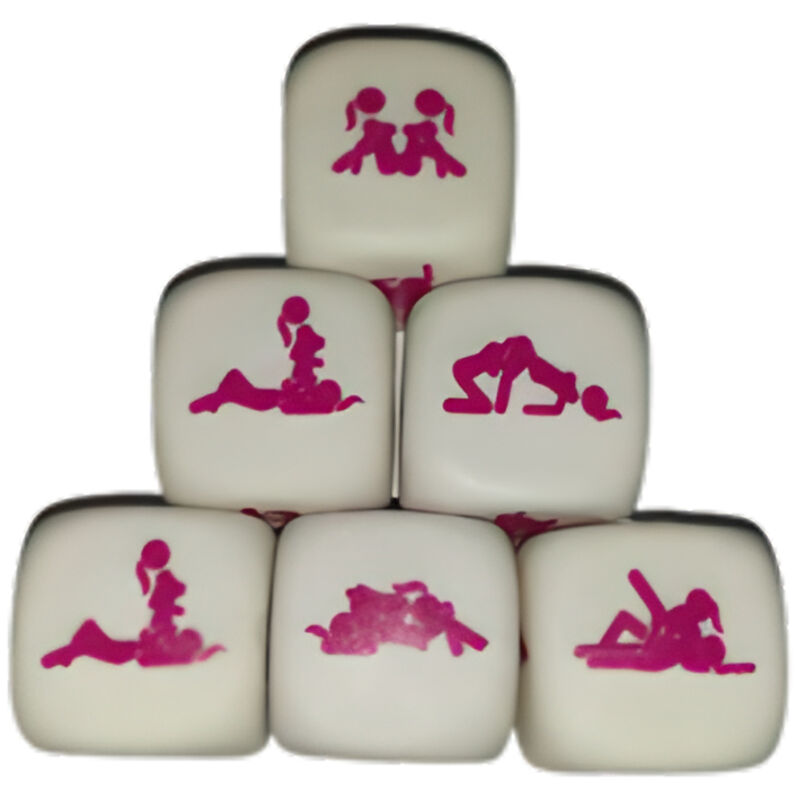 Set di dadi Kamasutra Diablo Picante per ragazze, con disegni e istruzioni su sfondo chiaro e colorato.