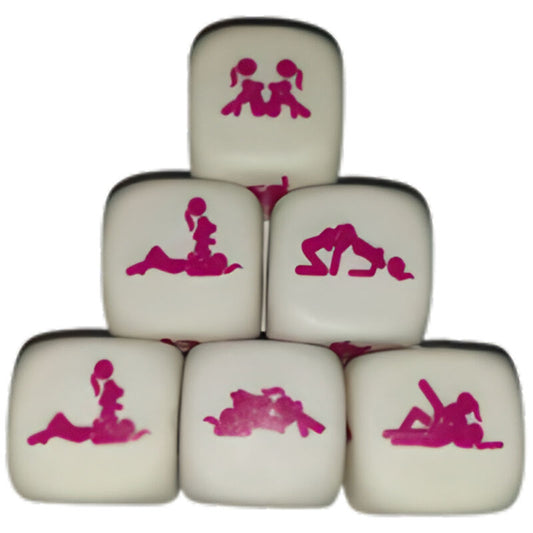 Set di dadi Kamasutra Diablo Picante per ragazze, con disegni e istruzioni su sfondo chiaro e colorato.