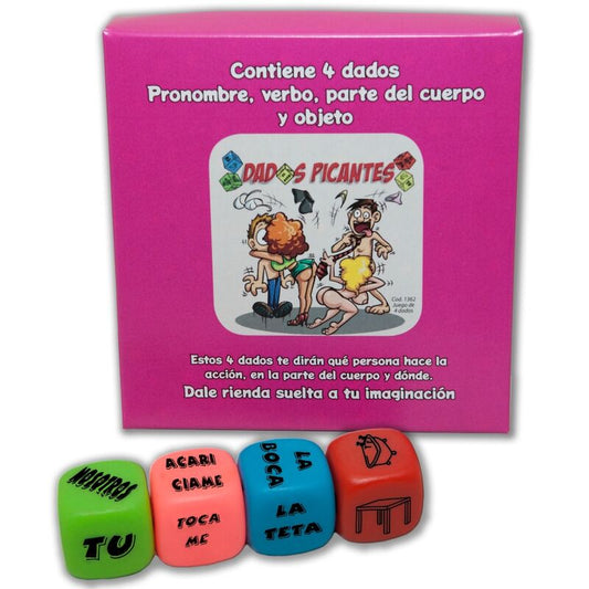 Set di 4 dadi di pronomi, verbi, parti del corpo e luoghi di Diablo Picante, con immagini dei dadi colorati e simboli sulle facce.