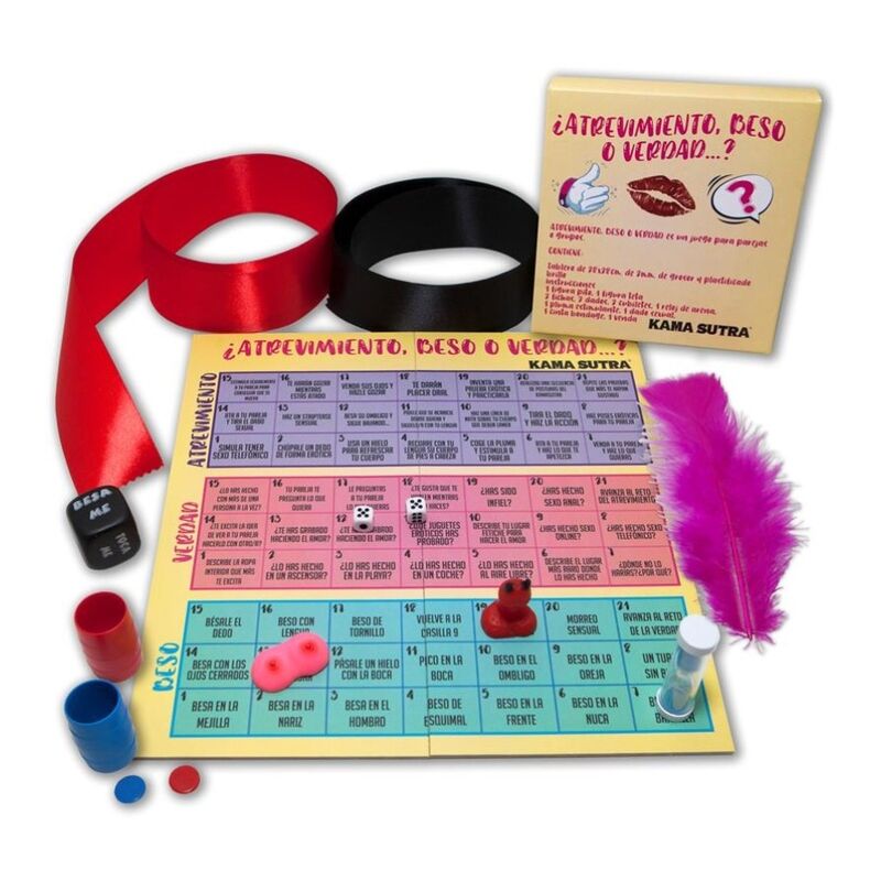 Gioco di sfida Bacio o Verità di Diablo Picante, immagini del prodotto con scatola e istruzioni per il gioco.