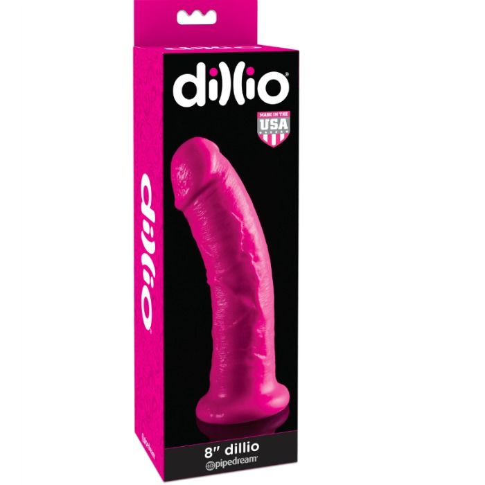 Dildo rosa DILLIO da 20,32 cm, design realistico in silicone, visibile in un'immagine dettagliata e colorata.