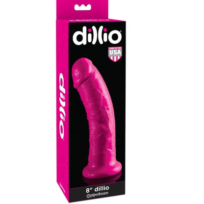 Dildo rosa DILLIO da 20,32 cm, design realistico in silicone, visibile in un'immagine dettagliata e colorata.