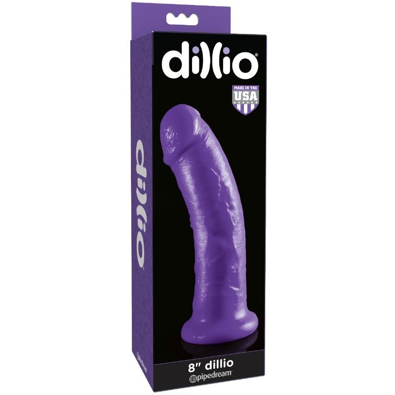 Dildo viola DILLIO da 20,32 cm con design realistico, materiale morbido e dettagli curati per uso intimo.