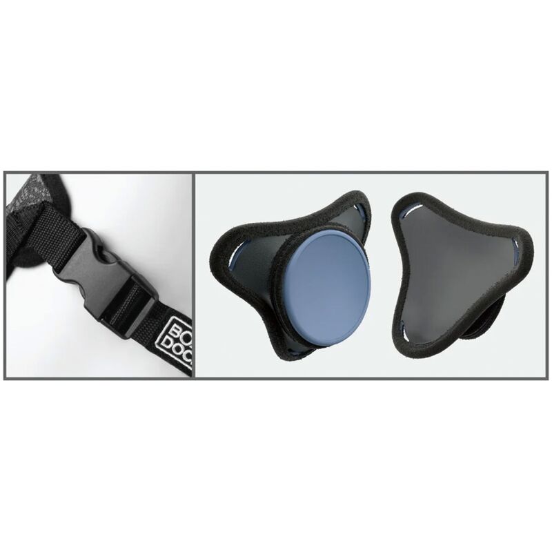Imbragatura viola DILLIO Body Dock, cinturino regolabile e dettagli in tessuto, indossata su modello femminile.