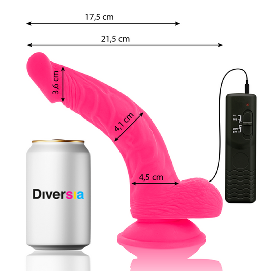 Dildo vibrante flessibile rosa DIVERSIA, 21,5 cm di lunghezza e 4,5 cm di diametro, con superficie liscia e design ergonomico.
