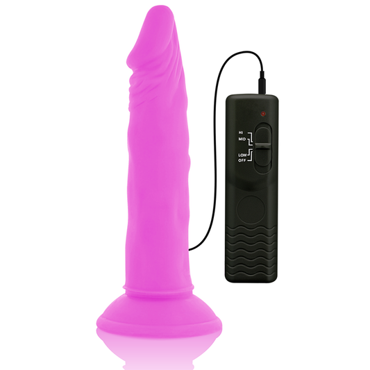 Dildo vibrante flessibile viola DIVERSIA, lungo 23 cm con diametro di 4,3 cm, in silicone morbido e realistico.