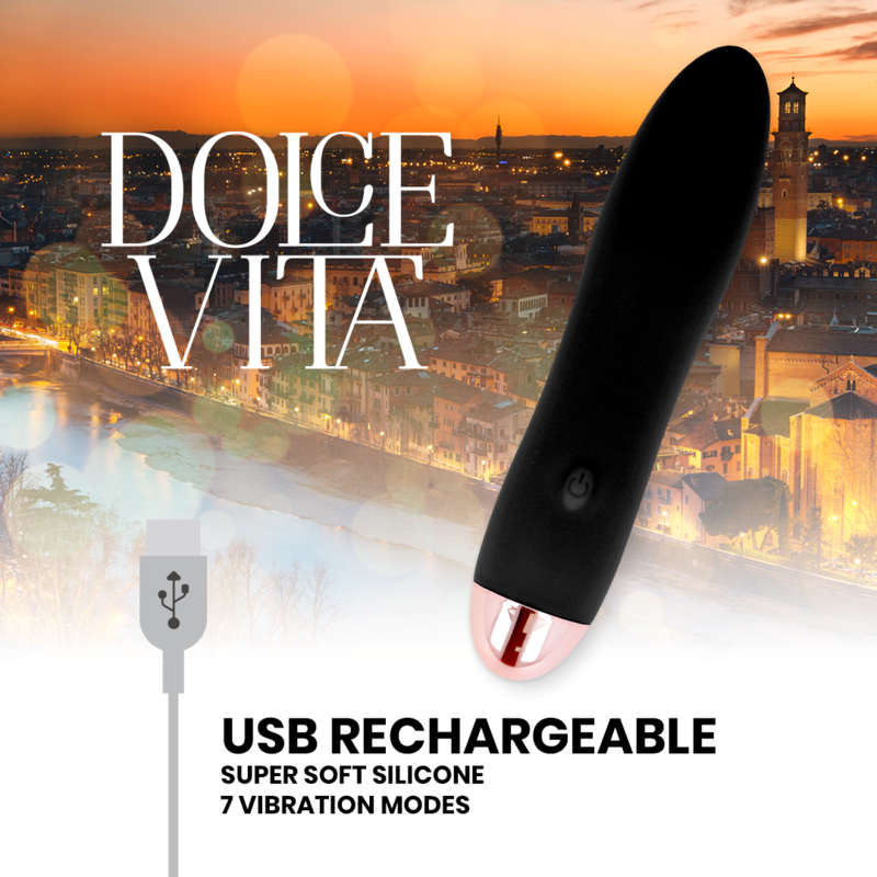 Vibratore ricaricabile Dolce Vita nero a quattro con sette velocità, design elegante e compatto, ideale per piacere personale.