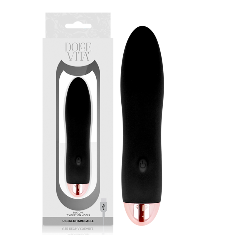 Vibratore ricaricabile Dolce Vita nero con quattro modalità e sette velocità, design elegante e compatto.