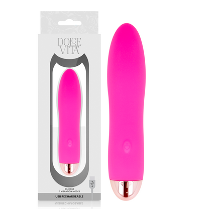Vibratore ricaricabile Dolce Vita rosa con quattro modalità e sette velocità, visibile in primo piano.