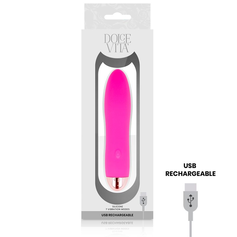 Vibratore ricaricabile Dolce Vita rosa con quattro modalità e sette velocità, visibile in primo piano.