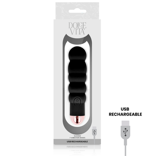 Vibratore ricaricabile Dolce Vita nero con 7 velocità, superficie liscia e design elegante, in immagine.