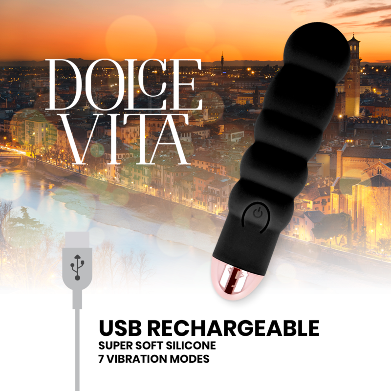 Vibratore ricaricabile Dolce Vita Sei nero con 7 velocità, visibile con pulsanti e design ergonomico.