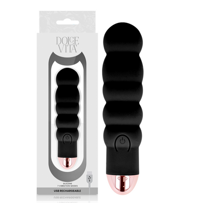 Vibratore ricaricabile Dolce Vita Sei nero con 7 velocità, design elegante e compatto, ideale per piacere personale.
