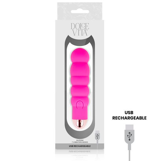 Vibratore ricaricabile Dolce Vita Sei Rosa con 7 velocità, design elegante e dettagli in silicone, visibile nell'immagine.