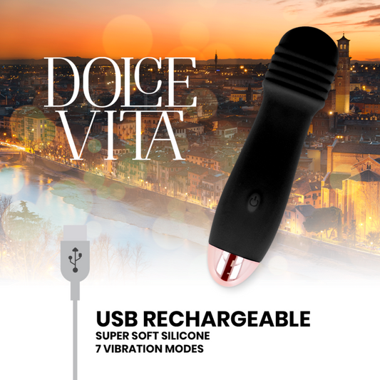 Vibratore ricaricabile Dolce Vita nero con 7 velocità, design elegante e superficie liscia, visibile nell'immagine.