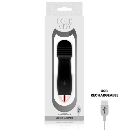 Vibratore ricaricabile Dolce Vita nero con tre velocità, progettato per il piacere, visibile con dettagli e pulsanti.