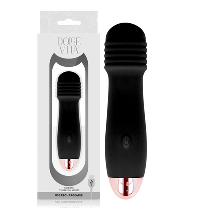 Vibratore ricaricabile Dolce Vita nero con 7 velocità, visibile in dettaglio, design ergonomico e pulsanti di controllo.