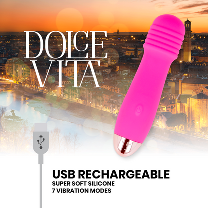 Vibratore ricaricabile Dolce Vita con tre pulsanti rosa, 7 velocità, corpo ergonomico e dettagli colorati, visibile dall'immagine.