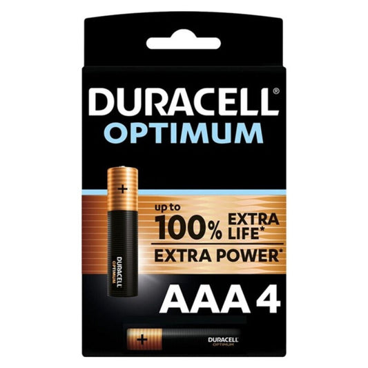 Set di quattro batterie alcaline AAA Duracell Optimum LR03, confezione con indicazioni sul prodotto e marchio.