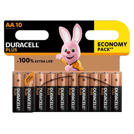 Set di 10 batterie alcaline Duracell Plus Power AA LR6, formato standard, visibile in confezione con etichette blu e oro
