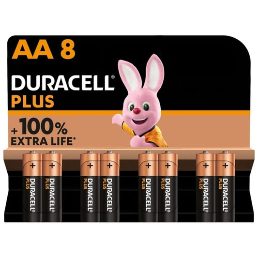 Set di 8 batterie alcaline Duracell Plus Power AA LR6, con etichette evidenti e dettagli sulla confezione