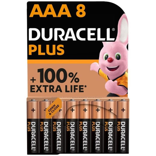 Set di 8 batterie alcaline AAA LR03 Duracell Plus Power, confezione con batterie visibili in primo piano.