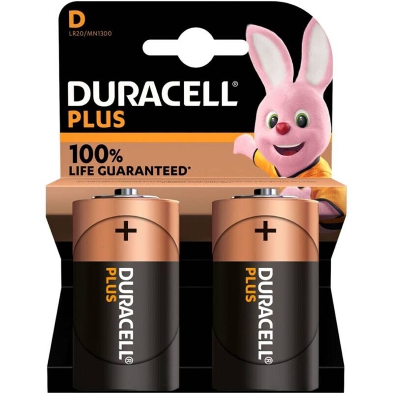 Due batterie alcaline DURACELL Plus Power LR20 D da 2 pezzi, confezione con batterie cilindriche di alta qualità