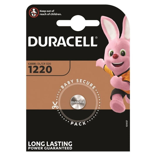 Pila a bottone al litio DURACELL CR1220 da 3V, batteria compatibile per dispositivi elettronici, vista dall'alto