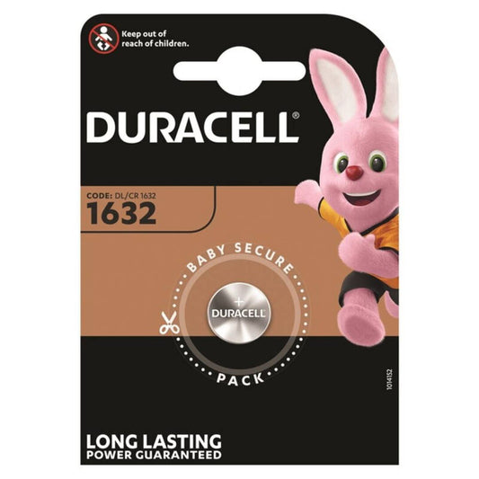 Pila bottoncino al litio DURACELL CR1632 da 3V, immagine della batteria compatta e rotonda per dispositivi elettronici.
