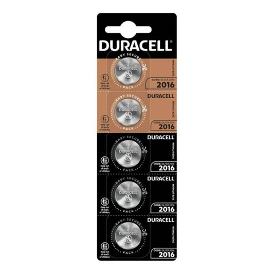 Pile bottone al litio Duracell CR2016 da 3V, confezione da 5 unità, con immagini delle batterie al centro.