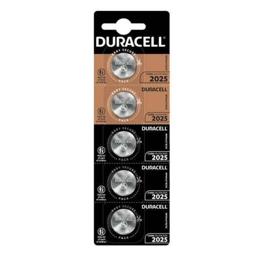 Set di 5 batterie bottone al litio DURACELL CR2025 da 3V, ideali per dispositivi elettronici portatili.