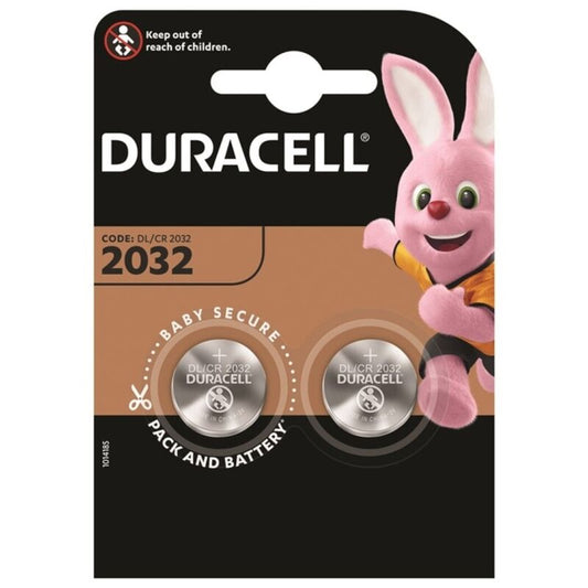 Batterie bottone al litio Duracell CR2032 da 3V, confezione con due unità, immagine con batterie rotonde e piatta