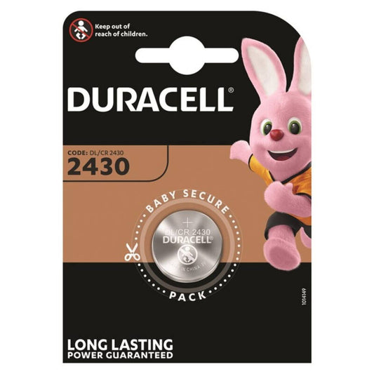 Batteria bottone al litio DURACELL CR2430 da 3V, singola unità, mostrata in immagine, ideale per dispositivi elettronici portatili.