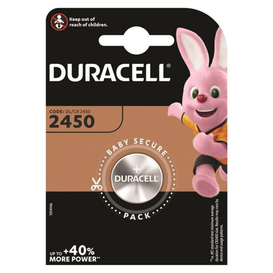 Pila a bottone Duracell CR2450 litio 3V, visibile nell'immagine, con confezione singola e dettagli sul prodotto.